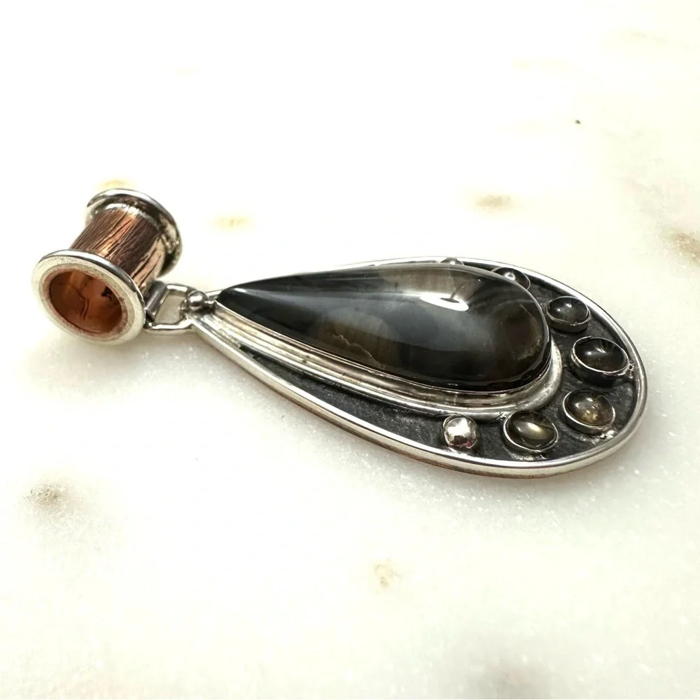 Jay King Sterling Silver & Copper Teardrop Agate with Smokey Quartz Pendant